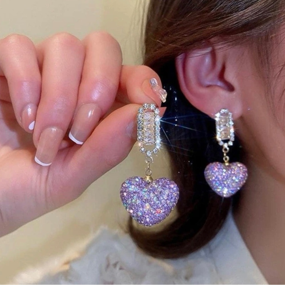 Purple Heart Rhinestone Drop Earrings - Picture 4 of 12